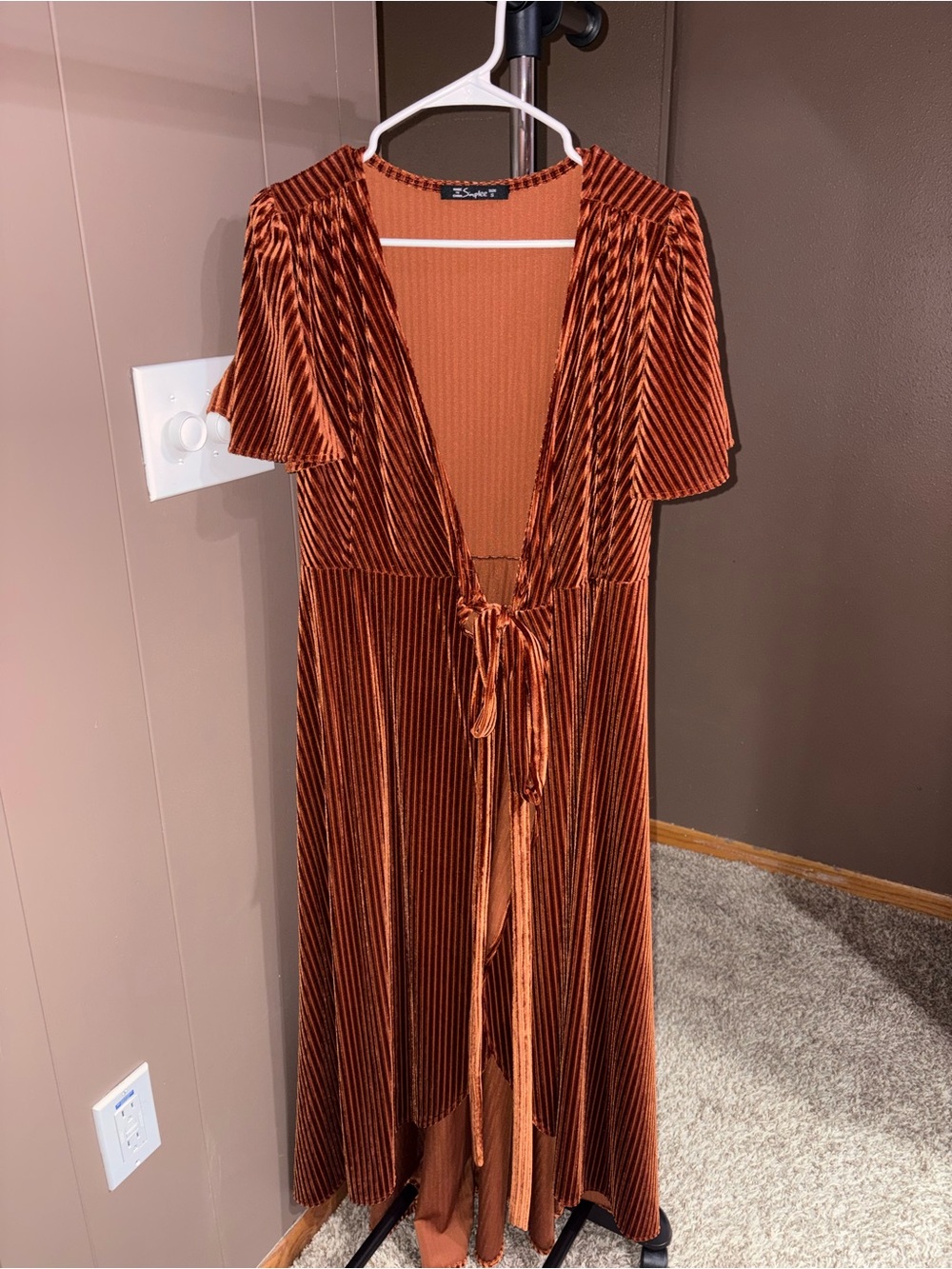 Simplee Rust Velvet Maxi Dress with Tie Front